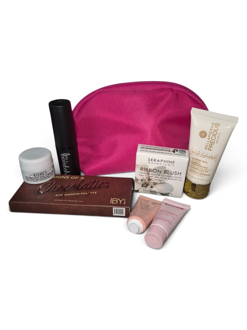 ipsy Hot Pink Cosmetic Pouch with Assorted Blush & Skincare